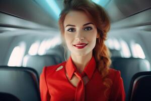 AI generated Portrait of a smiling young woman stewardess or flight attendant in a red uniform on board an airplane inside the cabin looking at camera. Air service, travel and tourism concept photo