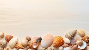 AI generated Top view seashells on white wooden background, marine banner with copy space photo