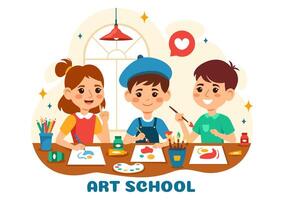 Arte colegio vector ilustración con niños de pintura con En Vivo modelo o objeto utilizando herramientas y equipo en plano dibujos animados antecedentes diseño