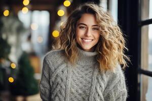 ai generado Navidad invierno hogar comodidad, dulce sonriente hermosa mujer en calentar de punto gris suéter en contra antecedentes de decorado Navidad árbol adentro foto