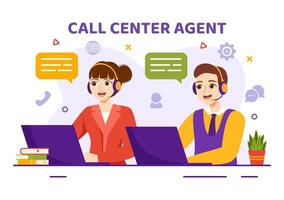 Call Center Agent Vector Illustration of Customer Service or Hotline Operator with Headsets and Computers in Flat Cartoon Background