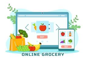 Online Grocery Store Vector Illustration with Food Product Shelves, Racks Dairy, Fruits and Drinks for Shopping Order via Telephone in Background