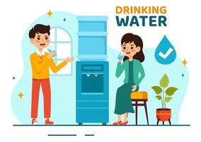 People Drinking Water From Plastic Bottles and Glasses with Pure Clean Fresh Concept in Flat Kids Cartoon Vector Illustration