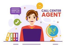 Call Center Agent Vector Illustration of Customer Service or Hotline Operator with Headsets and Computers in Flat Cartoon Background