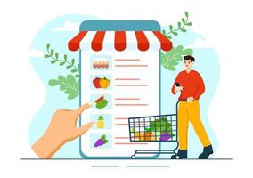 Online Grocery Store Vector Illustration with Food Product Shelves, Racks Dairy, Fruits and Drinks for Shopping Order via Telephone in Background