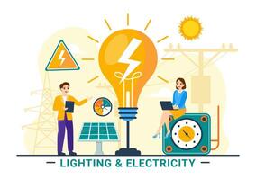 Encendiendo y electricidad vector ilustración con lámpara y energía mantenimiento Servicio panel gabinete de técnico eléctrico trabajo en plano antecedentes