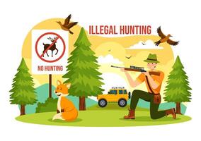 Illegal Hunting Vector Illustration by Shooting, Taking Wild Animals and Plants to Sell in Flat Cartoon Background Design