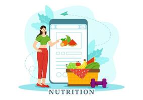 Nutrition Store Vector Illustration with Dietary Supplement of Vitamins and Minerals such as Fresh Fruit or Vegetables in Flat Cartoon Background