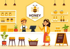 Honey Store Vector Illustration with a Natural Useful Product Jar, Bee or Honeycombs to be Consumed in Flat Cartoon Background Design