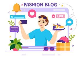 Moda Blog vector ilustración con bloggers revisión videos de de moda ropa tendencias y correr en línea en plano dibujos animados antecedentes estilo