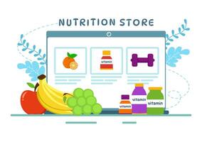 nutrición Tienda vector ilustración con dietético suplemento de vitaminas y minerales tal como Fresco Fruta o vegetales en plano dibujos animados antecedentes