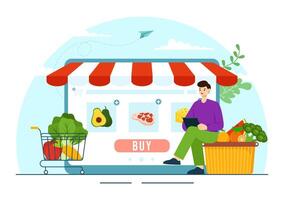 en línea tienda de comestibles Tienda vector ilustración con comida producto estantes, bastidores lácteos, frutas y bebidas para compras orden vía teléfono en antecedentes