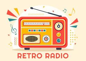 Retro Radio Vector Illustration with Player Style for Record, Old Receiver, Interviews Celebrity and Listening to Music in Flat Cartoon Background