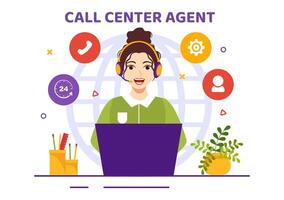 Call Center Agent Vector Illustration of Customer Service or Hotline Operator with Headsets and Computers in Flat Cartoon Background