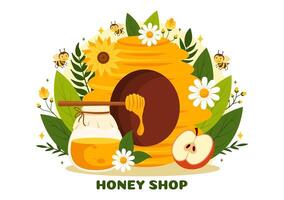 Honey Store Vector Illustration with a Natural Useful Product Jar, Bee or Honeycombs to be Consumed in Flat Cartoon Background Design