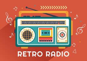 Retro Radio Vector Illustration with Player Style for Record, Old Receiver, Interviews Celebrity and Listening to Music in Flat Cartoon Background