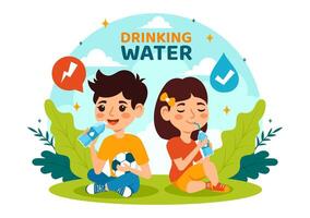 People Drinking Water From Plastic Bottles and Glasses with Pure Clean Fresh Concept in Flat Kids Cartoon Vector Illustration