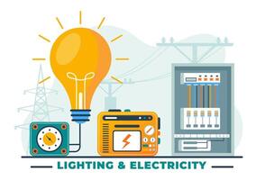 Encendiendo y electricidad vector ilustración con lámpara y energía mantenimiento Servicio panel gabinete de técnico eléctrico trabajo en plano antecedentes