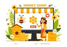 Honey Store Vector Illustration with a Natural Useful Product Jar, Bee or Honeycombs to be Consumed in Flat Cartoon Background Design