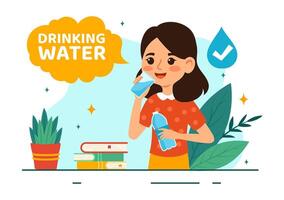 People Drinking Water From Plastic Bottles and Glasses with Pure Clean Fresh Concept in Flat Kids Cartoon Vector Illustration