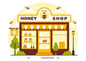 Honey Store Vector Illustration with a Natural Useful Product Jar, Bee or Honeycombs to be Consumed in Flat Cartoon Background Design