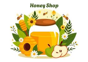 Honey Store Vector Illustration with a Natural Useful Product Jar, Bee or Honeycombs to be Consumed in Flat Cartoon Background Design