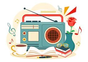 Retro Radio Vector Illustration with Player Style for Record, Old Receiver, Interviews Celebrity and Listening to Music in Flat Cartoon Background