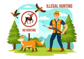 Illegal Hunting Vector Illustration by Shooting, Taking Wild Animals and Plants to Sell in Flat Cartoon Background Design