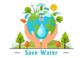 Water Saving Vector Illustration for Mineral Savings Campaign and Energy Utilization with Faucet and Earth Concept in Flat Cartoon Background