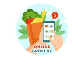 Online Grocery Store Vector Illustration with Food Product Shelves, Racks Dairy, Fruits and Drinks for Shopping Order via Telephone in Background