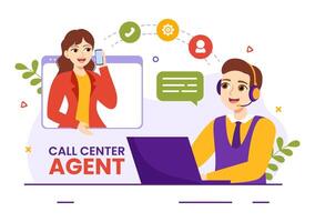 Call Center Agent Vector Illustration of Customer Service or Hotline Operator with Headsets and Computers in Flat Cartoon Background