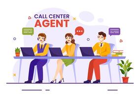 Call Center Agent Vector Illustration of Customer Service or Hotline Operator with Headsets and Computers in Flat Cartoon Background