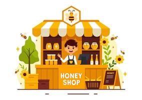 Honey Store Vector Illustration with a Natural Useful Product Jar, Bee or Honeycombs to be Consumed in Flat Cartoon Background Design