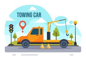 Auto Towing Car Vector Illustration Using a Truck with Roadside Assistance Service for Various Vehicles in Flat Cartoon Background Design