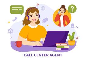 Call Center Agent Vector Illustration of Customer Service or Hotline Operator with Headsets and Computers in Flat Cartoon Background