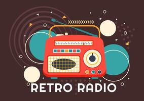 Retro Radio Vector Illustration with Player Style for Record, Old Receiver, Interviews Celebrity and Listening to Music in Flat Cartoon Background