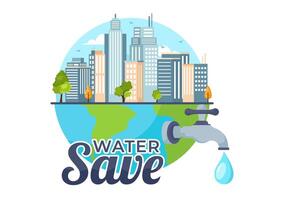 Water Saving Vector Illustration for Mineral Savings Campaign and Energy Utilization with Faucet and Earth Concept in Flat Cartoon Background