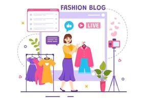 Moda Blog vector ilustración con bloggers revisión videos de de moda ropa tendencias y correr en línea en plano dibujos animados antecedentes estilo