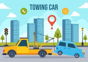 Auto Towing Car Vector Illustration Using a Truck with Roadside Assistance Service for Various Vehicles in Flat Cartoon Background Design