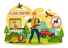 ilegal caza vector ilustración por tiroteo, tomando salvaje animales y plantas a vender en plano dibujos animados antecedentes diseño