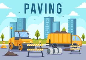 pavimentación vector ilustración con la carretera construcción y autopista mantenimiento trabajadores trabajando en asfalto carreteras con perforación máquina en plano antecedentes