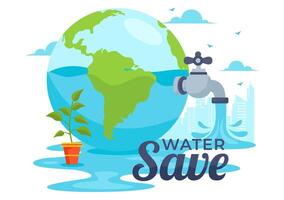 Water Saving Vector Illustration for Mineral Savings Campaign and Energy Utilization with Faucet and Earth Concept in Flat Cartoon Background