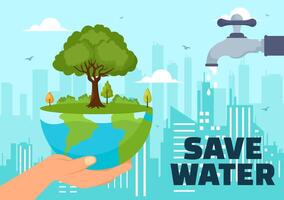 Water Saving Vector Illustration for Mineral Savings Campaign and Energy Utilization with Faucet and Earth Concept in Flat Cartoon Background