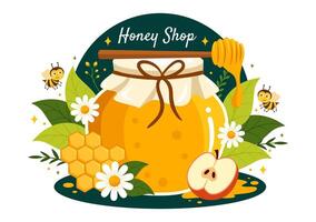 Honey Store Vector Illustration with a Natural Useful Product Jar, Bee or Honeycombs to be Consumed in Flat Cartoon Background Design