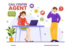 Call Center Agent Vector Illustration of Customer Service or Hotline Operator with Headsets and Computers in Flat Cartoon Background