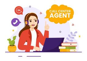 Call Center Agent Vector Illustration of Customer Service or Hotline Operator with Headsets and Computers in Flat Cartoon Background