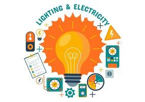 Encendiendo y electricidad vector ilustración con lámpara y energía mantenimiento Servicio panel gabinete de técnico eléctrico trabajo en plano antecedentes