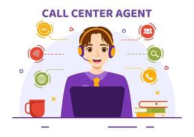 Call Center Agent Vector Illustration of Customer Service or Hotline Operator with Headsets and Computers in Flat Cartoon Background