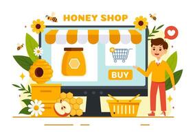 Honey Store Vector Illustration with a Natural Useful Product Jar, Bee or Honeycombs to be Consumed in Flat Cartoon Background Design