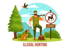 Illegal Hunting Vector Illustration by Shooting, Taking Wild Animals and Plants to Sell in Flat Cartoon Background Design